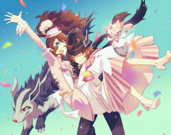 1boy 1girl arm_up blue_eyes blurry brown_eyes brown_hair carrying closed_mouth commentary_request confetti diancie dress eyelashes gen_3_pokemon gen_6_pokemon hat high_heels hilbert_(fall_2020)_(pokemon) hilbert_(pokemon) hilda_(pokemon) hilda_(special_costume)_(pokemon) legendary_pokemon long_hair long_sleeves michaelovten mightyena mythical_pokemon nintendo official_alternate_costume pink_headwear pokemon pokemon_(creature) pokemon_masters_ex short_hair sidelocks smile sparkle