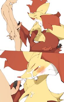 1boy 1other ambiguous_gender animal_ear_fluff animal_ears animal_hands animal_nose blush body_fur cum cum_on_body delphox erection facial furry furry_with_non-furry gen_6_pokemon half-closed_eyes handjob highres interspecies nintendo nude penis pokemon pokemon_(creature) pokephilia profile red_eyes red_fur seiza simple_background sitting smile snout uncensored white_background yellow_fur youjo_modoki