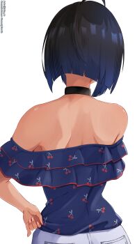 1girl absurdres ahoge black_collar black_hair blue_hair blue_shirt cherry_print collar commentary commission english_commentary food_print frilled_shirt frills from_behind fruit_print gradient_hair grey_pants hand_on_own_hip highres multicolored_hair off-shoulder_shirt off_shoulder original pants print_shirt shirt short_hair simple_background solo takoroki twitter_username white_background
