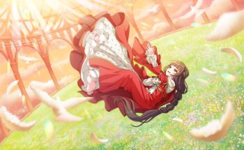 1girl bird braid brown_hair commentary_request dove dress feathered_wings feathers flower game_cg highres long_hair long_sleeves official_art open_mouth red_dress smile solo third-party_source very_long_hair wide_sleeves wings world_dai_star yanagiba_panda yellow_eyes