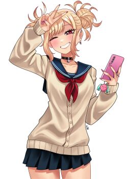 1girl blonde_hair boku_no_hero_academia choker contact_lens cosplay double_bun ear_piercing fingernails gyaru hair_bun highres holding holding_phone jewelry kitagawa_marin long_fingernails miniskirt phone piercing pink_eyes ring school_uniform skirt solo sono_bisque_doll_wa_koi_wo_suru thighs toga_himiko toga_himiko_(cosplay) unusualpie v white_background