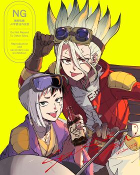 Rule 34 | 2boys, :p, asagiri gen, black hair, blonde hair, bottle, brown gloves, cola, cracked skin, dr. stone, e=mc2 (equation), english text, gloves, goggles, goggles on head, green hair, grey hair, highres, holding, holding bottle, ishigami senkuu, jacket, japanese clothes, looking at viewer, male focus, motor vehicle, motorcycle, multicolored hair, multiple boys, open clothes, open jacket, red eyes, red jacket, short hair, signature, simple background, smile, spiked hair, tatara 5738, tongue, tongue out, two-tone hair, white hair, yellow background