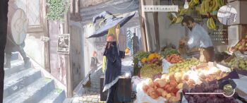 1other 2boys 2girls absurdres animal apple asteroid_ill bag banana basket beard bird black_coat black_pants blonde_hair brown_hair brown_pants cat coat day facial_hair food fruit grapes groceries hand_in_pocket hanging_food hat heads-up_display health_bar highres holding holding_food holding_fruit holding_shield iris_(asteroid_ill) lamp leaf long_hair long_sleeves market market_stall melon merchant minimap multiple_boys multiple_girls neck_ribbon original pants plant red_hair ribbon scenery shield shirt smile stairs standing stone_floor stone_stairs storefront suitcase sunlight torn user_interface vegetable very_long_hair wanted_poster white_shirt wide_shot witch witch_hat