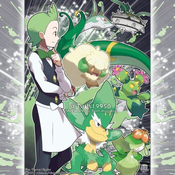 Rule 34 | 1boy, :3, adjusting bowtie, apron, artist name, black pants, black vest, bow, bowtie, cilan (pokemon), closed eyes, colored sclera, commentary, company name, copyright notice, english commentary, ferrothorn, flower, from side, gen 5 pokemon, green bow, green bowtie, green eyes, green hair, holding, holding poke ball, horns, instagram username, lilligant, long sleeves, male focus, maractus, merchandise available, nintendo, no sclera, official style, open mouth, outline, pants, pink flower, poke ball, poke ball (basic), pokemon, pokemon (creature), pokemon bw, red eyes, serperior, shirt, short hair, simisage, single horn, smile, spikes, tom higgins, vest, watermark, whimsicott, white apron, white outline, white shirt, yellow eyes, yellow sclera