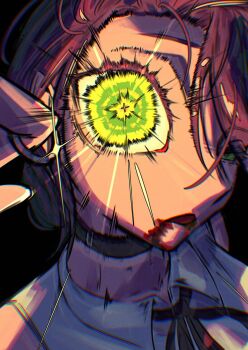 1girl black_choker black_ribbon chainsaw_man choker green_eyes grenade_pin hair_between_eyes imminent_explosion long_hair_between_eyes modekasan reze_(chainsaw_man) ribbon shirt sleeveless sleeveless_shirt solo