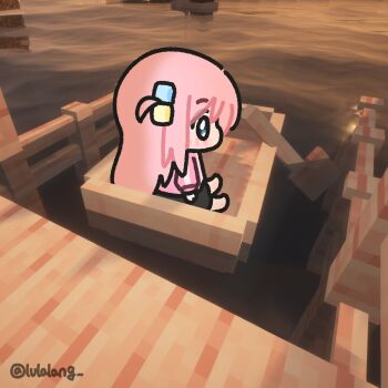 1girl black_skirt blue_eyes boat bocchi_the_rock! chibi chibi_only from_side full_body gotoh_hitori highres jacket long_hair lulalang minecraft on_boat one_side_up pink_hair pink_jacket profile sitting skirt solo water watercraft