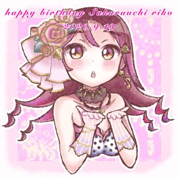 1girl artist_name artist_request bare_shoulders black_bow black_corset black_detached_collar blowing_kiss blush bow breasts brown_eyes brown_hair cleavage cocoairo_yuhia collarbone corset cross-laced_clothes cross-laced_dress curly_hair dress earrings female_focus flower fur_collar gloves hair_flower hair_ornament hairclip long_hair looking_at_viewer love_live! love_live!_school_idol_festival love_live!_school_idol_festival_all_stars love_live!_sunshine!! musical_note musical_note_earrings musical_note_print parted_lips pink_ribbon polka_dot polka_dot_dress red_dress red_flower red_hair ribbon sakurauchi_riko smile solo star_(symbol) star_hair_ornament striped_clothes striped_gloves vertical vertical-striped_clothes vertical-striped_gloves white_gloves yellow_eyes yuhia_(skima)