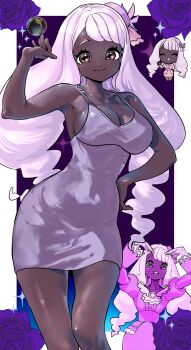 1girl ascot bare_shoulders blush breasts cleavage closed_eyes closed_mouth commentary curvy dark-skinned_female dark_skin dress english_commentary fascinator fishnet_pantyhose fishnets frills gloves hair_ornament heart_arms highres hologram jacinthe_(pokemon) large_breasts long_hair long_sleeves looking_at_viewer low_drills luxury_ball mega_stone nintendo open_mouth pantyhose poke_ball pokemon pokemon_legends:_z-a puffy_sleeves purple_dress purple_eyes purple_hair smile sparkle sukoyaka_tsukasa very_dark_skin very_long_hair white_gloves wide_hips