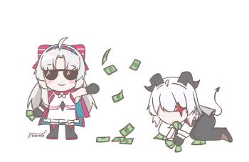 2girls ahoge artist_logo black_gloves black_horns black_pants black_shoes black_tail bow carlotta_(wuthering_waves) closed_mouth commentary curled_horns demon_tail dress english_commentary gloves hair_bow hairband highres holding holding_money horns jacket logo long_hair money multiple_girls pants pink_bow pink_hairband pink_jacket red_eyes shoes simple_background smile striped_bow sunglasses tail tenrino white_background white_dress white_hair wuthering_waves zani_(wuthering_waves)