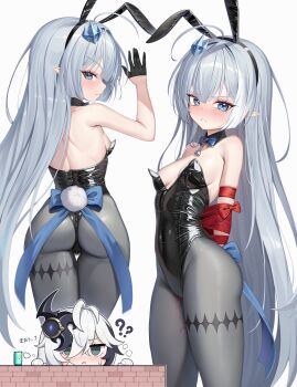 1girl absurdres animal_ears ass blue_eyes blush bound breasts character_request chun_bae closed_mouth commentary_request fake_animal_ears female_tyrant_(stella_sora) gloves grey_hair highres korean_commentary leotard long_hair multiple_views pantyhose parted_lips playboy_bunny pointy_ears rabbit_ears sex_toy small_breasts stella_sora tail tyrant_(stella_sora) vibrator
