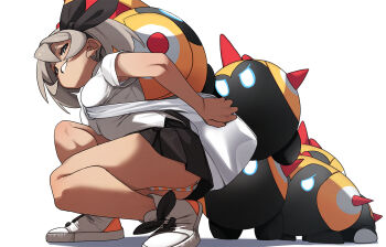 1girl bea_(pokemon) black_skirt breasts dark-skinned_female dark_skin falinks fu-ta gen_8_pokemon grey_eyes grey_hair grin hairband looking_at_viewer medium_breasts nintendo pokemon pokemon_(creature) pokemon_swsh shirt shoes short_hair short_sleeves skirt smile sneakers squatting white_shirt