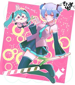 1girl angela_(project_moon) aqua_necktie aqua_trim black_boots black_sleeves blue_hair boots chiikawa closed_mouth collared_shirt commentary cosplay detached_sleeves food full_body grey_shirt haneetyann hatsune_miku hatsune_miku_(cosplay) highres holding holding_food holding_spring_onion holding_vegetable library_of_ruina necktie project_moon shirt short_hair short_twintails solo spring_onion thigh_boots twintails usagi_(chiikawa) vegetable vocaloid yellow_eyes