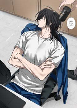 Rule 34 | 2boys, absurdres, black shoes, blue jacket, blue pants, can, chair, closed eyes, crossed arms, grey pants, hair between eyes, highres, holding, holding can, indoors, jacket, kimetsu no yaiba, korean text, long hair, low ponytail, multiple boys, on chair, pants, ponytail, profile, shirt, shoes, short hair, sleeping, solo focus, speech bubble, spiked hair, tomioka giyuu, translation request, urara0408, white shirt