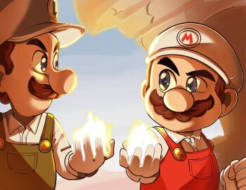 Rule 34 | 2boys, blue eyes, brothers, brown hair, carolinerdraws, facial hair, fire luigi, fire mario, gloves, green overalls, hat, highres, looking at another, luigi, mario, mario (series), multiple boys, mustache, nintendo, official alternate costume, overalls, red overalls, shirt, short hair, siblings, the super mario galaxy movie, upper body, white gloves, white hat, white shirt