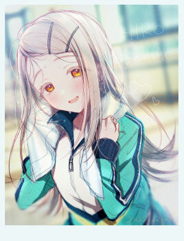 1girl black_jacket blonde_hair blurry blurry_background blush border character_name colored_eyelashes dated depth_of_field earrings flipped_hair gakuen_idolmaster green_jacket hair_ornament hairclip happy_birthday heart highres holding holding_towel idolmaster jacket jewelry kirisawa_saki long_hair looking_at_viewer multicolored_jacket open_mouth orange_eyes outdoors parallel_hairclips partially_unzipped shinosawa_hiro smile solo striped_clothes striped_jacket stud_earrings sweat towel towel_around_neck track_jacket upper_body white_border white_jacket zipper zipper_pull_tab