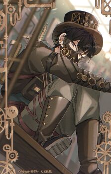 18trip 1boy 68nr adversarial_noise arm_on_knee arm_strap belt black_eyes black_hair black_vest boots commentary earrings full_body gears grey_pants hair_between_eyes hat highres industrial_pipe jewelry knee_boots knees_up long_sleeves looking_at_viewer male_focus mask mouth_mask multiple_earrings murakumo_ten official_alternate_costume pants short_hair signature sitting solo steampunk symbol-only_commentary thigh_strap vest