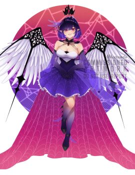 Rule 34 | 1girl, absurdres, animal, black shoes, breasts, bug, cleavage, colored extremities, commentary, commission, crown, detached collar, dress, english commentary, extra eyes, eyes on wings, feathered wings, floating, floating crown, full body, highres, indie virtual youtuber, kuraedo, large breasts, looking at viewer, parted lips, pointy ears, purple dress, purple hair, red eyes, shoes, short hair, smile, solo, spider, spidershii (vtuber), strappy heels, swept bangs, vgen commission, virtual youtuber, wings
