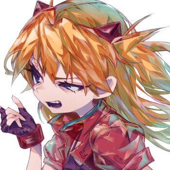 1girl blue_eyes choppy_bangs fingerless_gloves gloves hand_up highres jacket long_hair neon_genesis_evangelion okubatomaeba open_clothes open_jacket open_mouth orange_hair purple_gloves red_jacket solo souryuu_asuka_langley tsurime uneven_eyes upper_body