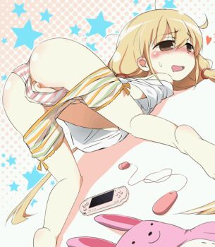 10s 1girl animated animated_gif ass barefoot blonde_hair blush breasts brown_eyes clothes_pull drooling egg_vibrator feet female_focus female_masturbation futaba_anzu halftone halftone_background hand_in_panties handheld_game_console heart idolmaster idolmaster_cinderella_girls loli long_hair masturbation messy_hair mirakichi off_shoulder open_mouth panties playstation_portable sex_toy shorts shorts_pull small_breasts solo star_(symbol) striped_clothes striped_panties stuffed_toy top-down_bottom-up twintails underboob underwear upshirt very_long_hair vibrator