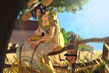 1boy 1girl blue_sky breasts chainsaw_man cleavage day denji_(chainsaw_man) dress fence green_dress green_eyes hair_bun hat highres house kaosottehkob medium_breasts mouse_(animal) outdoors purple_hair reze_(chainsaw_man) shirt sky striped_clothes striped_shirt sun_hat suspenders white_shirt wooden_fence