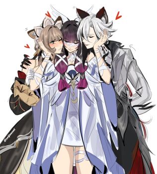 Rule 34 | 3girls, animal ears, arlecchino (genshin impact), artist name, black hair, brown hair, closed eyes, coat, columbina (genshin impact), commentary, dress, english commentary, genshin impact, gradient hair, grey coat, hands on another's face, head wings, heart, highres, kemonomimi mode, long hair, multicolored hair, multiple girls, one eye closed, purple hair, sandrone (genshin impact), seijousai, smile, two-tone hair, white dress, white hair, white wings, wings, yuri