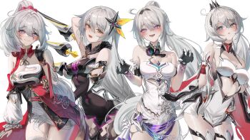 Rule 34 | 4girls, absurdres, ahoge, armor, armored dress, black gloves, black leotard, blue eyes, breasts, cleavage, commentary, diamond-shaped pupils, diamond (shape), dress, english commentary, gloves, high ponytail, highres, honkai (series), honkai impact 3rd, jinnnnnn23, kiana kaslana, kiana kaslana (ba-dum! fiery wishing star), kiana kaslana (herrscher of finality), kiana kaslana (herrscher of flamescion), kiana kaslana (herrscher of the void), large breasts, leotard, looking at viewer, medium breasts, multiple girls, multiple persona, ponytail, simple background, smile, symbol-shaped pupils, tiara, white background, white dress, white hair, yellow eyes