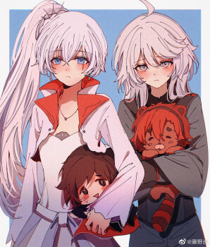 4girls ahoge animalization artist_request asticassia_school_uniform carrying carrying_person chibi color_connection crossover grey_eyes gundam gundam_suisei_no_majo hair_color_connection highres hug miorine_rembran multiple_girls red_hair ruby_rose rwby scar scar_across_eye scar_on_face school_uniform suletta_mercury tanuki trait_connection weiss_schnee white_hair