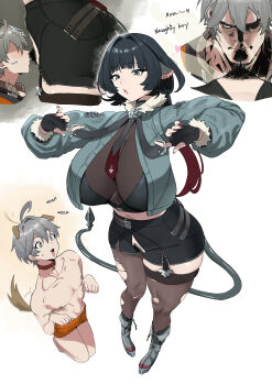 1boy 1girl absurdres ahoge ahoge_wag alternate_breast_size_(larger) animal_ears arms_up ass bare_pectorals black_hair black_jacket black_shorts boots breasts brown_pantyhose brown_thighhighs coat collar commentary dc_comics dog_ears dog_tail ear_piercing english_commentary english_text expressive_hair fake_animal_ears female_pubic_hair femdom fingernails foreshortening from_above from_side full_body gradient_hair grey_boots grey_coat grey_hair high_heel_boots high_heels highres huge_breasts jacket jane_doe_(zenless_zone_zero) lewdlinly long_hair meme midriff mouse_ears mouse_girl mouse_tail multicolored_hair multiple_views nail_polish open_mouth orange_shorts pantyhose paw_pose pectorals perspective piercing prehensile_tail pubic_hair red_hair red_nails seiza shorts single_leg_pantyhose single_thighhigh sitting sleeveless smelling smile standing superman_(series) sweatdrop tail thick_thighs thighhighs thighs toned toned_male torn_clothes torn_pantyhose torn_thighhighs two-tone_hair wise_(zenless_zone_zero) zenless_zone_zero