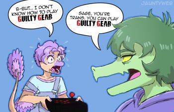 1boy 1girl blue_background colored_sclera colored_skin commentary crossover dinosaur_boy dinosaur_girl english_commentary english_text fang feathers furry furry_female furry_male girly_boy goodbye_volcano_high green_hair green_skin guilty_gear highres i_wani_hug_that_gator! jauntyweb meme monster_boy monster_girl nervous olivia_halford open_mouth orange_skin overalls purple_hair reptile_boy reptile_girl sage_(goodbye_volcano_high) scene_reference short_hair simple_background sketch skin_fang south_park speech_bubble sweat tail wide-eyed yellow_sclera