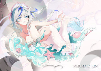 absurdres aokumo_rin breasts cleavage commentary fish highres medium_breasts mermaid monster_girl starfish swimming symbol-only_commentary thumbsup_stella waving white_hair