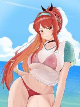 1girl absurdres bikini bikini_under_clothes blush breasts goddess_of_victory:_nikke highres jacky-8096 large_breasts long_hair looking_at_viewer official_alternate_costume official_alternate_hairstyle ponytail rapi_(nikke) rapi_(red_hood)_(nikke) rapi_(red_hood)_(red_flavor)_(nikke) red_eyes red_hair smile solo swimsuit swimsuit_under_clothes