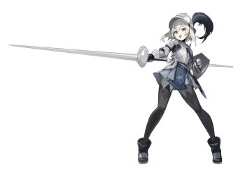 1girl absurdres armor boots breastplate commentary_request full_body gauntlets helm helmet highres holding holding_weapon km_yama lance looking_at_viewer original plume polearm shield short_hair simple_background skirt solo standing thighhighs weapon white_background