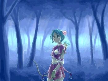 Rule 34 | 1girl, archer (ragnarok online), arrow (projectile), blue background, bow (weapon), brown gloves, commentary request, cowboy shot, dress, forest, gloves, green eyes, green hair, holding, holding bow (weapon), holding weapon, lowres, muneate, nature, outdoors, purple dress, quiver, ragnarok online, short hair, short sleeves, solo, tororo (16763), weapon