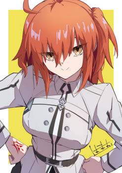 Rule 34 | 1girl, absurdres, ahoge, belt, black skirt, breasts, chaldea uniform, collared shirt, command spell, commentary request, fate/grand order, fate (series), fujimaru ritsuka (female), hair ornament, hair scrunchie, hamao 1, highres, long sleeves, looking at viewer, medium breasts, one side up, orange eyes, orange hair, orange scrunchie, scrunchie, shirt, short hair, skirt, smile, solo, white shirt