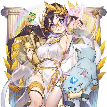 1girl armpits blue_eyes braid breasts brown_hair dress frog glasses greco-roman_clothes hair_ornament hairband holding kino_books large_breasts leaf leaf_hair_ornament long_hair pillar see-through_clothes sideboob teeth uchi_no_hime-sama_ga_ichiban_kawaii white_dress whoisshe wolf yellow_hairband