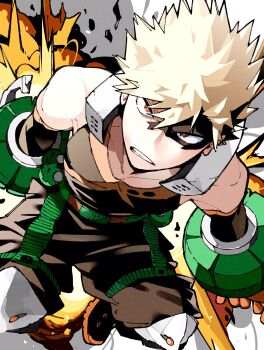 1boy bakugou_katsuki bare_shoulders belt black_boots black_mask black_pants blonde_hair boku_no_hero_academia boots clenched_teeth collarbone commentary_request detached_sleeves explosion explosive eye_mask gloves green_belt grenade half_mask highres knee_pads looking_at_viewer male_focus mask mkyn29 pants red_eyes sanpaku short_hair solo superhero_costume teeth