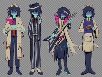 1other apron blue_skin checkered_background colored_skin deltarune electric_guitar food food_on_head formal_clothes guitar hair_over_eyes hat highres instrument kris_(cooking_show)_(deltarune) kris_(dark_world)_(deltarune) kris_(deltarune) kris_(gangster)_(deltarune) kris_(lightners_live)_(deltarune) kris_(takecare)_(deltarune) lab_coat morick nurse_cap object_on_head official_alternate_costume partially_shaded_face striped_suit suit utdr_(toby_fox) waist_apron waiter