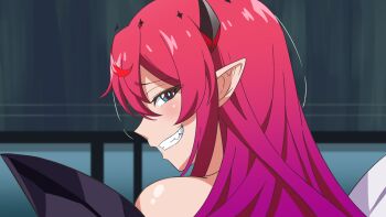 1girl absurdres asymmetrical_wings blue_eyes blush crystal_wings dotonburi halo highres hololive hololive_english horns irys_(hololive) itadaki!_seieki long_hair looking_at_viewer mismatched_wings multicolored_hair pointy_ears purple_hair red_hair scene_reference smile solo star_halo streaked_hair very_long_hair virtual_youtuber wings