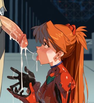Rule 34 | 1boy, 1girl, after fellatio, aseiusx, blue eyes, bodysuit, breasts, cum, cum bubble, cum in mouth, cum on body, cum on hands, cum on penis, cum on tongue, cum string, from side, hetero, long hair, mecha pilot suit, medium breasts, neon genesis evangelion, open mouth, orange hair, penis, plugsuit (evangelion), red bodysuit, souryuu asuka langley, tongue, tongue out, twintails, two side up, uncensored