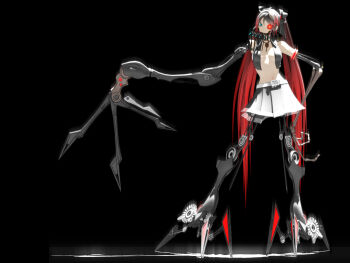 1girl 3d android belt bone bow breasts ca_(deino) calne_ca_(deino) cleavage crustacean dark deino_(deino3330) female_focus gradient_hair hatsune_miku heterochromia isopod jewelry long_hair mechanical multicolored_hair nato-kun navel necklace open_clothes open_shirt original pendant pleated_skirt red_hair ribbon shirt skirt solo twintails very_long_hair vocaloid