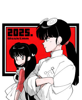 1boy 1girl 2025 apron bell black_hair blunt_bangs border bow breasts crossed_arms double_bun dress eyewear_on_head frilled_apron frills glasses grey_eyes hair_bell hair_bow hair_bun hair_ornament hair_tie long_hair looking_at_another low_ponytail male_focus medium_breasts mousse_(ranma_1/2) ponytail ranma_1/2 red_background red_dress red_eyes robe round_eyewear sasaki_tomomi shampoo_(ranma_1/2) sidelocks twitter_username upper_body white_apron white_border white_bow white_robe