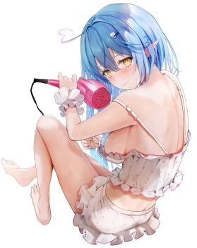 1girl absurdres ahoge bare_shoulders blue_hair blush breasts camisole closed_mouth commentary_request drying drying_hair drying_own_hair elf frilled_wrist_cuffs frills hair_between_eyes hair_dryer hair_ornament heart heart_ahoge highres holding hololive large_breasts long_hair looking_at_viewer looking_back midriff mugiusagi nail_polish official_alternate_costume pointy_ears polka_dot polka_dot_camisole polka_dot_skirt simple_background skirt sleepwear solo stomach toenail_polish toenails virtual_youtuber wet white_background white_camisole white_skirt white_wrist_cuffs wrist_cuffs yellow_eyes yukihana_lamy yukihana_lamy_(roomwear)
