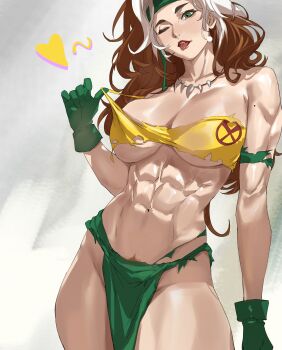 1girl ;p abs absurdres breasts brown_hair cleavage collarbone commentary_request gloves green_eyes green_gloves heart highres large_breasts lips long_hair looking_at_viewer makeup marvel marvel_rivals mole mole_on_arm multicolored_hair muscular muscular_female one_eye_closed pelvic_curtain rogue_(x-men) solo standing taiyang_yu thighs tongue tongue_out two-tone_hair white_hair x-men