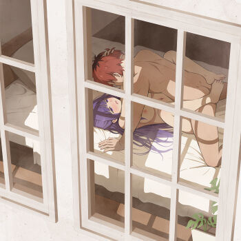 1boy 1girl absurdres asou_(asabu202) ass barefoot blunt_bangs breasts commentary_request completely_nude couple duplicate fern_(sousou_no_frieren) from_above half-closed_eyes hetero highres hug large_breasts leg_lock long_hair lying missionary moaning nipples nude on_back on_bed pillow pixel-perfect_duplicate purple_eyes purple_hair red_hair sex shadow short_hair sousou_no_frieren stark_(sousou_no_frieren) toes window wooden_floor