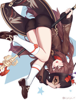 Rule 34 | 1girl, ass, ayaya (ayaya ri), black hat, black nails, black shorts, blush, brown hair, brown shoes, chinese clothes, commentary, flower, flower-shaped pupils, genshin impact, hat, hat flower, highres, hu tao (genshin impact), long hair, looking at viewer, nail polish, one eye closed, open mouth, polearm, red eyes, revision, shoes, shorts, smile, solo, spear, staff of homa (genshin impact), symbol-shaped pupils, tailcoat, twitter username, upside-down, very long hair, weapon