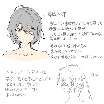 Rule 34 | 1girl, arrow (symbol), bad link, chorefuji, closed mouth, collarbone, commentary request, cropped shoulders, grey eyes, grey hair, hair between eyes, hair over one eye, highres, long hair, looking at viewer, multiple views, original, partially colored, ponytail, red pupils, simple background, smile, translation request, white background