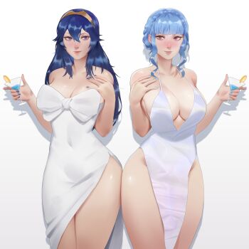 2girls absurdres alternate_breast_size_(larger) alternate_costume bare_shoulders blue_eyes blue_hair blue_nails braid breasts brown_eyes cleavage closed_mouth commission crown_braid cup dress fingernails fire_emblem fire_emblem:_three_houses fire_emblem_awakening formal_clothes hair_between_eyes hand_on_own_chest highres holding holding_cup large_breasts leoquezadilla lips long_hair looking_at_viewer lucina_(fire_emblem) marianne_von_edmund multiple_girls nintendo no_panties pelvic_curtain pink_lips short_hair side_slit sidelocks simple_background thighs tiara white_background white_dress