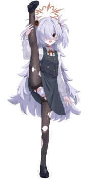 1girl :d absurdres black_shoes blue_archive blush brown_eyes brown_halo buttons collared_shirt dress full_body gluteal_fold hair_between_eyes hair_over_one_eye halo hand_up happycloud highres holding_own_leg kanoe_(blue_archive) leg_up loafers loli long_hair long_sleeves looking_at_viewer neck_ribbon one_eye_covered open_mouth panties panties_under_pantyhose pantyhose pinafore_dress ribbon scar scar_on_neck shirt shoes simple_background sleeve_cuffs sleeveless sleeveless_dress smile solo split standing standing_on_one_leg standing_split thighband_pantyhose thighs torn_clothes torn_pantyhose two_side_up underwear very_long_hair white_background white_panties white_shirt