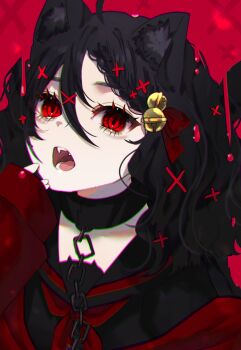 Rule 34 | 1girl, absurdres, ahoge, animal ears, bell, black hair, chain, collar, hair bell, hair ornament, highres, looking at viewer, metal collar, neckerchief, open mouth, original, rayla (rayla illust), red background, red eyes, red neckerchief, school uniform, serafuku, solo, teeth, x hair ornament