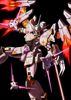Rule 34 | absurdres, bit (gundam), black background, cal-re.a, commentary request, dual wielding, funnels (gundam), glowing, glowing eyes, gold trim, gundam, gundam seed, gundam seed freedom, highres, holding, holding sword, holding weapon, mecha, mecha focus, mechanical wings, mobile suit, nagi (user dwyh2252), no humans, one-eyed, red eyes, robot, science fiction, solo, sword, thrusters, v-fin, weapon, wings